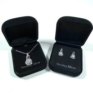 Sterling Silver Necklace Earrings‎ Set CZ Pendant Mothers Day Gift (925 SS)